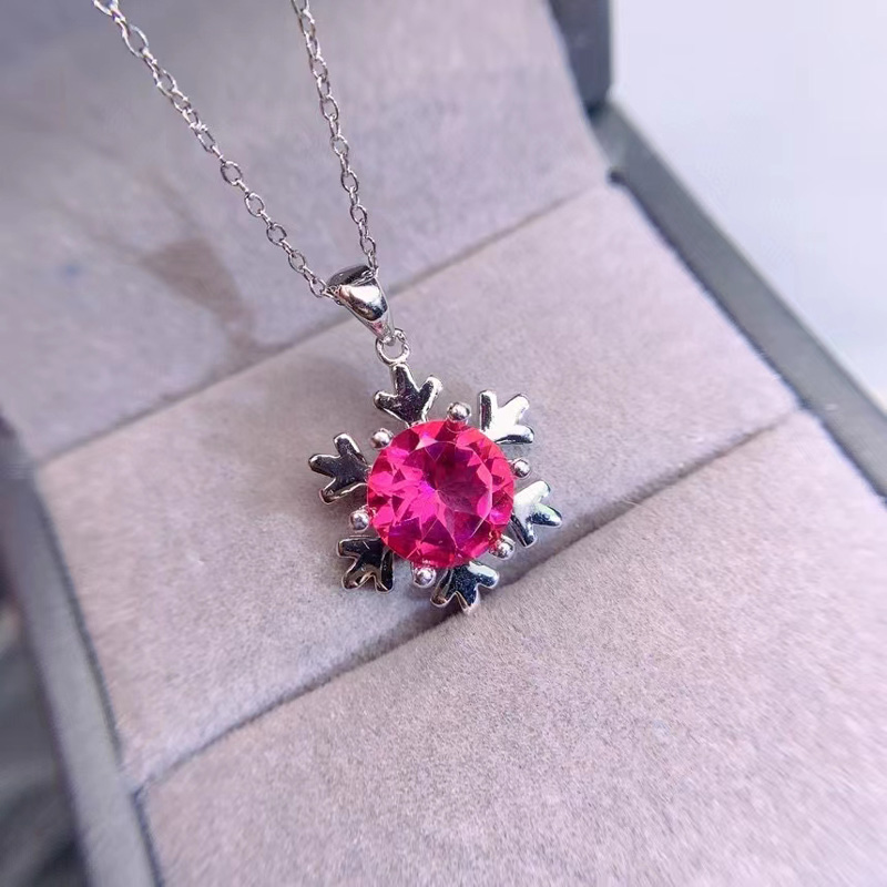 Liontin kalung Topaz alami anak perempuan, liontin kalung kepingan salju perak 925 lucu untuk anak perempuan 10mm 4ct 18K perhiasan Topaz merah muda berlapis emas