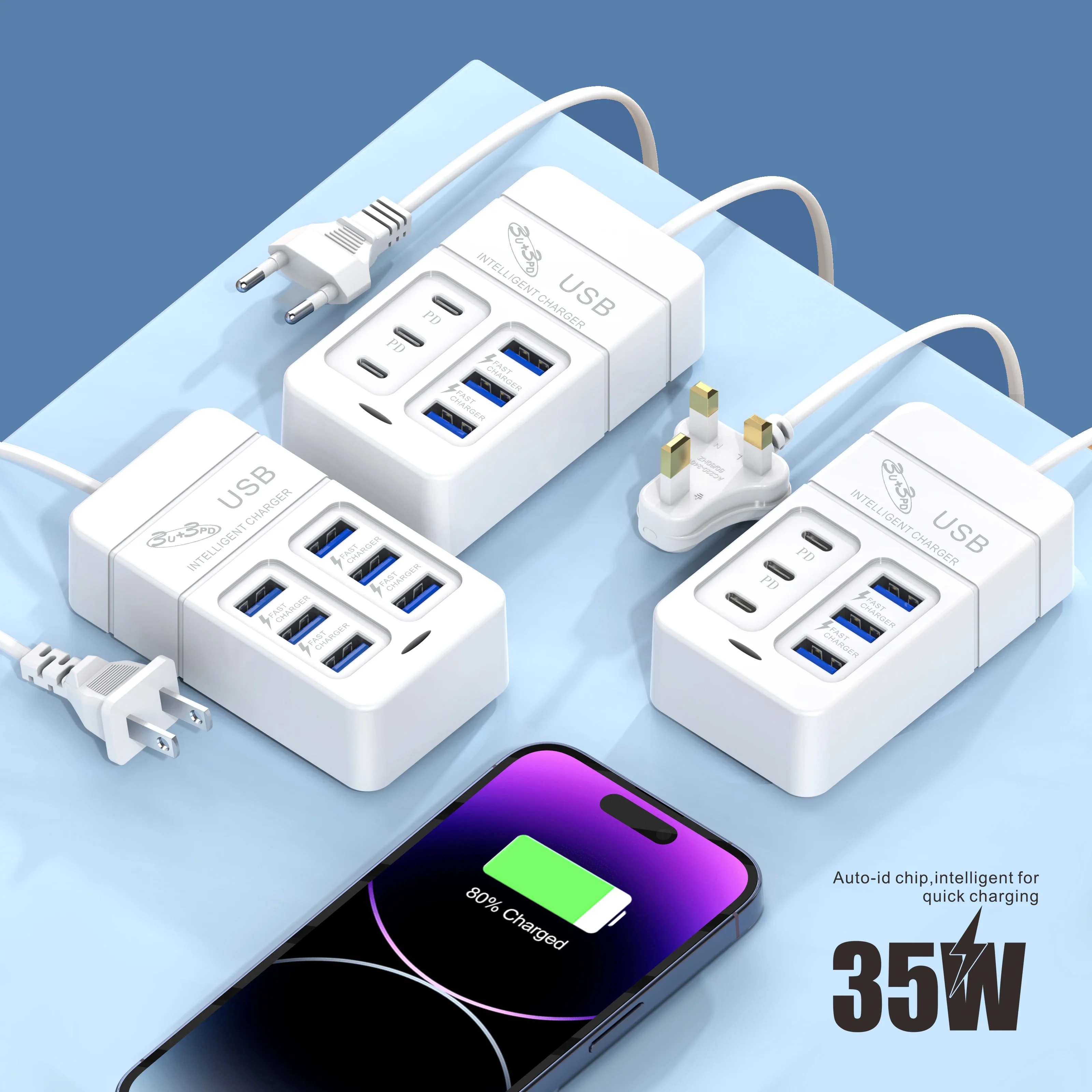 6 ポート急速充電器マルチポート USB 充電器 35 ワット PD タイプ C 急速充電壁の充電器 USB ハブアダプタ携帯電話 EU US プラグ