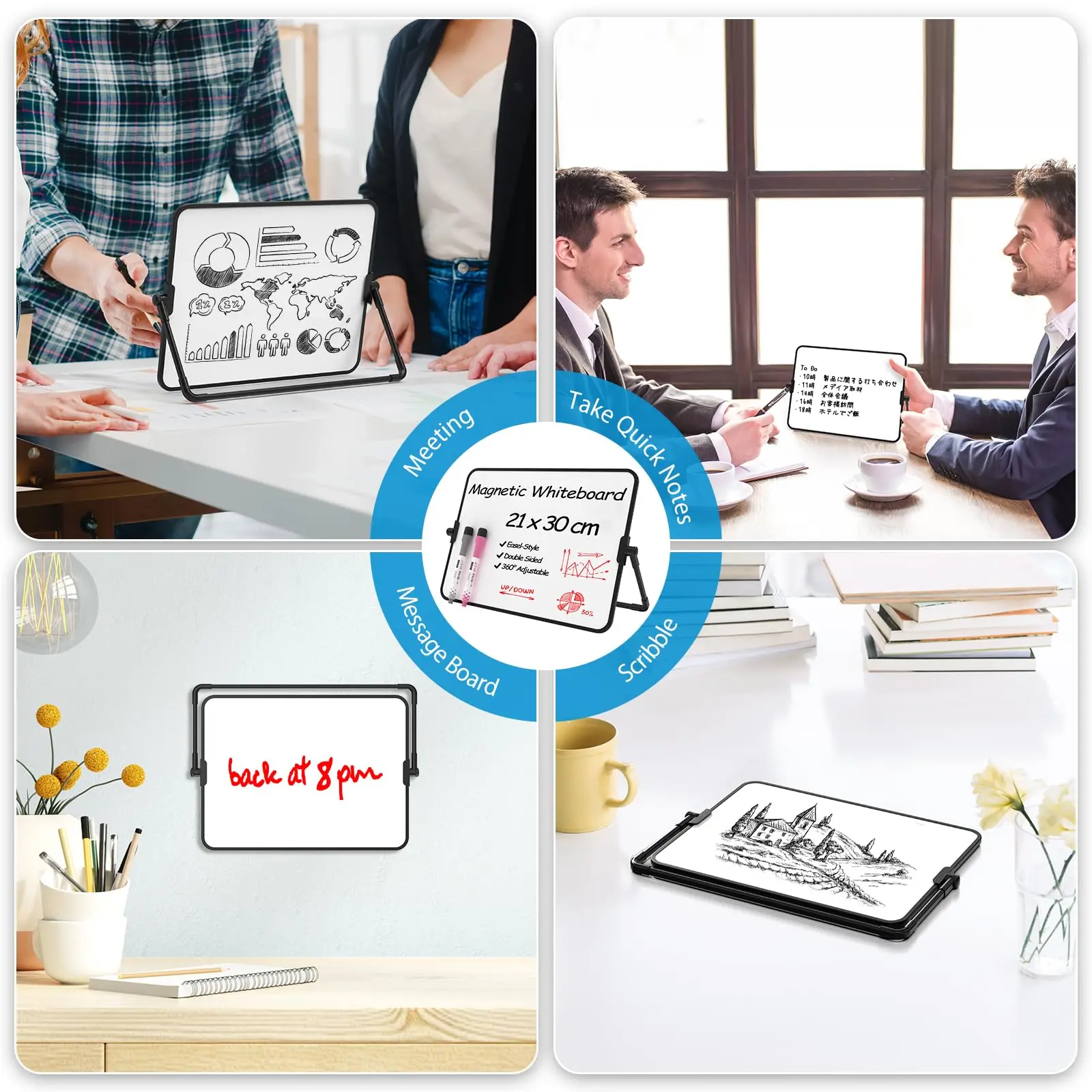 A4 Double-Sided Magnetic Whiteboard Dry Erase Portable Calendar Office Note Message Stand (Black) Easel Writing Tablet Black