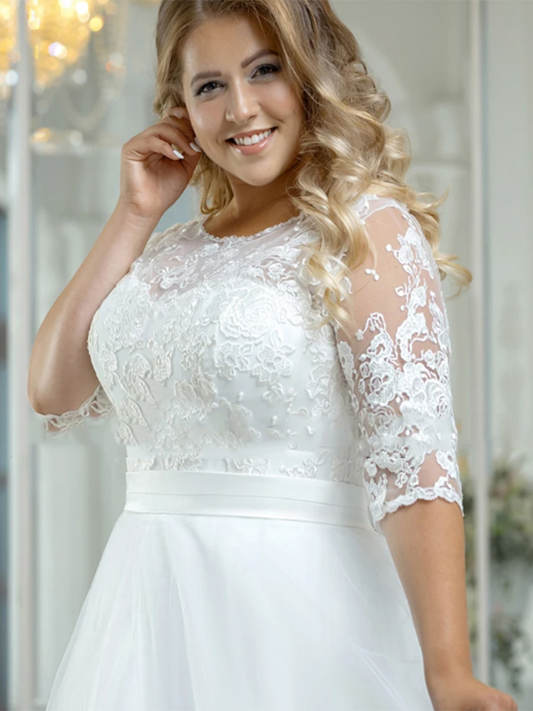 Charming O-Neck Wedding Dresses Plus Size Tulle With Lace Appliques 3/4 Sleeves Bridal Gowns A-Line White Robe De Marié