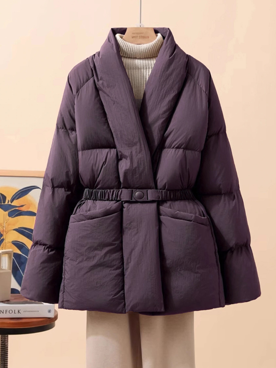 Schinteon Vrouwen Witte Eend Donsjack Casual Losse Riem V-hals Kraag Mode Herfst Winter Uitloper Koreaanse Stijl Jas 2025 Nieuwe