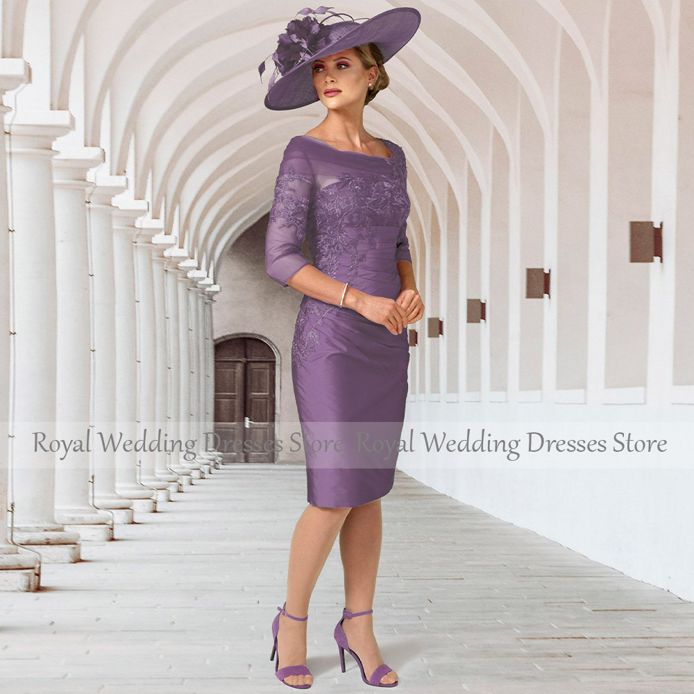 Silber Mutter der Braut Kleider Knielangen 3/4 Ärmeln Elegante Hochzeit Gast Kleider Mantel/Spalte Applique Kurze Party kleid