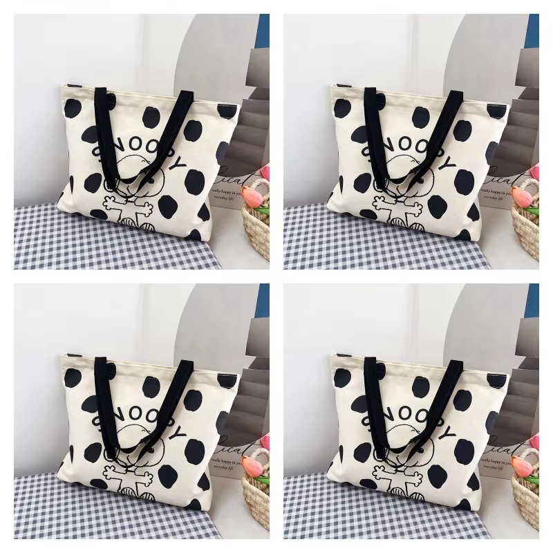 Miniso snoopy bolsa de lona feminina, bolsa de grande capacidade, moda desenho animado, bolsa de ombro multiuso com suspensão