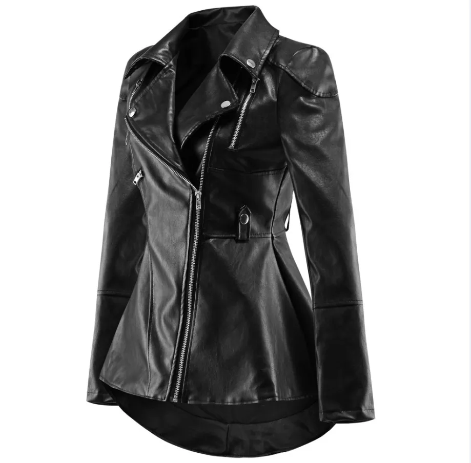 หนังFaux Biker JacketหญิงStreetwearแขนยาวสาวTailcoatเสื้อผ้าผู้หญิงขนาดใหญ่สีดําPUหนังCoat Moto Jacket