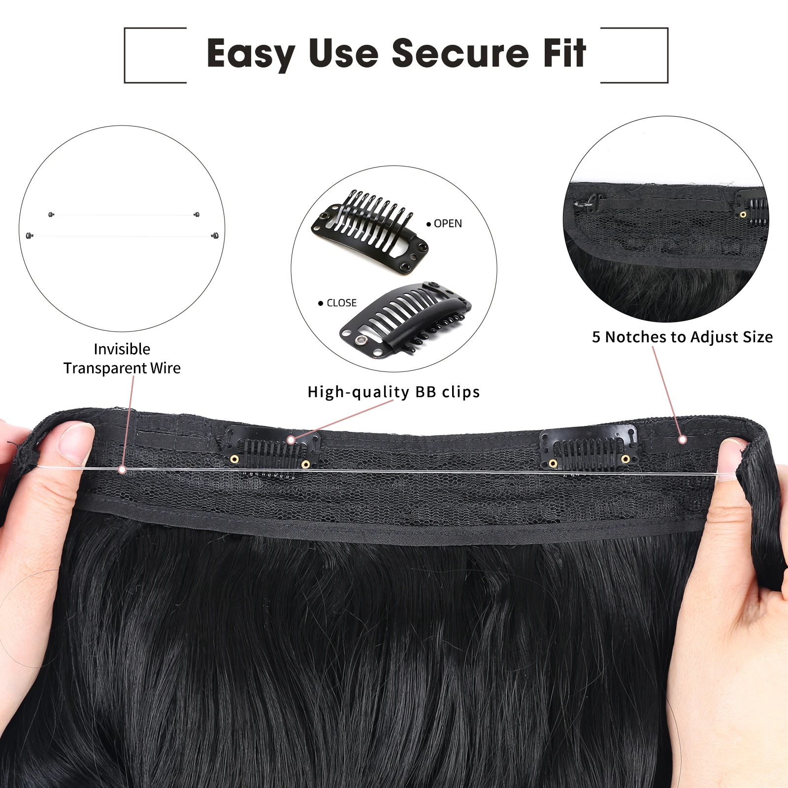 Clipes sintéticos fio extensões de cabelo invisível longo ondulado linha de peixe peruca para mulheres linha de peixe extensão do cabelo 2 clipes