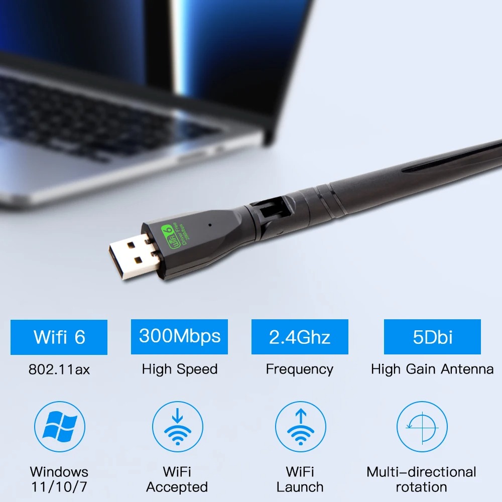 300 Мбит/с Wi-Fi6 USB-адаптер 2,4 ГГц Антенна сетевой карты Wi-Fi6 USB-ключ 802.11ax Беспроводной Wi-Fi-приемник для ПК Драйвер ноутбука Бесплатно