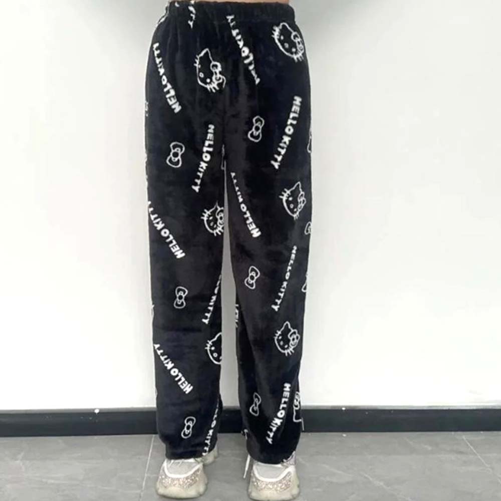 Hello Kitty Pyjamahose Y2K Anime Cartoon Kawaii Mode Lässig Flanell Warme Wolle Herbst Winter Erwachsene Mädchen Hose Heimhose
