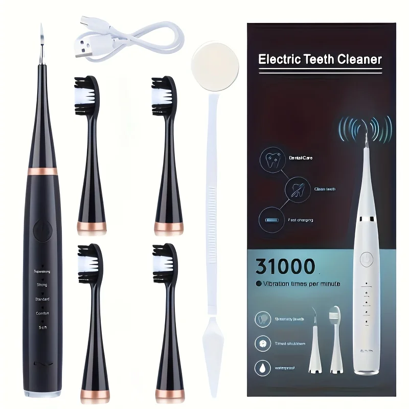 Escova de dentes elétrica e limpador 2 em 1, ajuste de velocidade de engrenagem, remoção de placa dentária, grau à prova d'água IPX6, contendo 4 brus elétrico