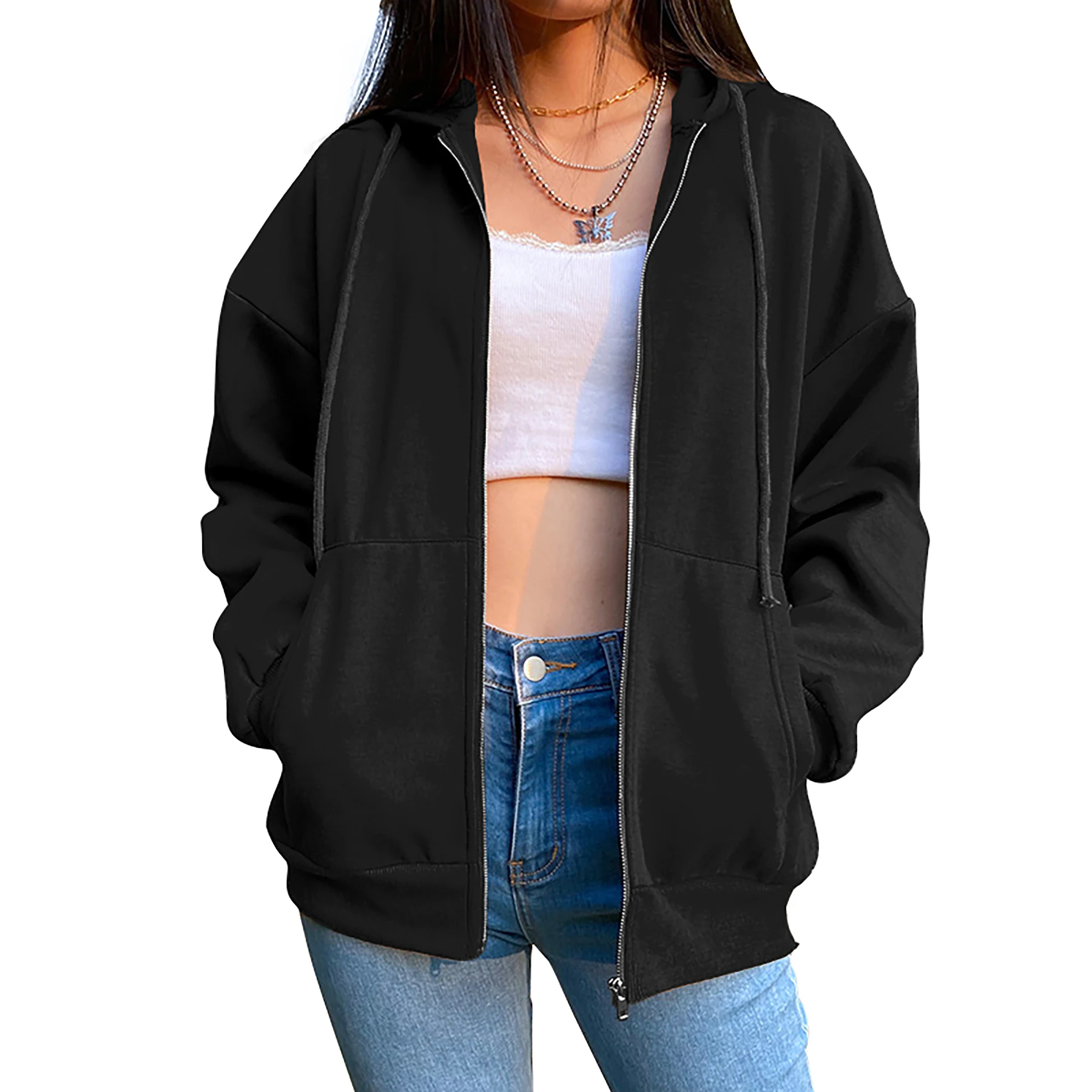 2024 Sudadera para mujer, cárdigan con cremallera, Sudadera con capucha, moda informal, versátil, abrigo de Color sólido, deporte de Fitness, trote, ropa superior para mujer