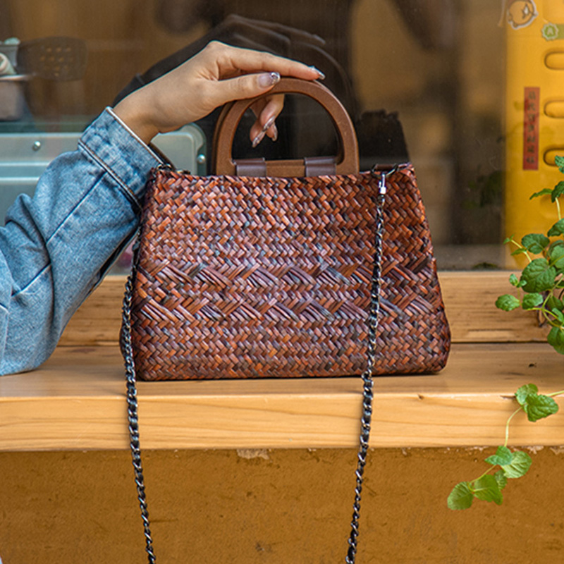 Saco de palha tecido portátil praia verão pastoral tecido feminino versão coreana alça de madeira bolsa