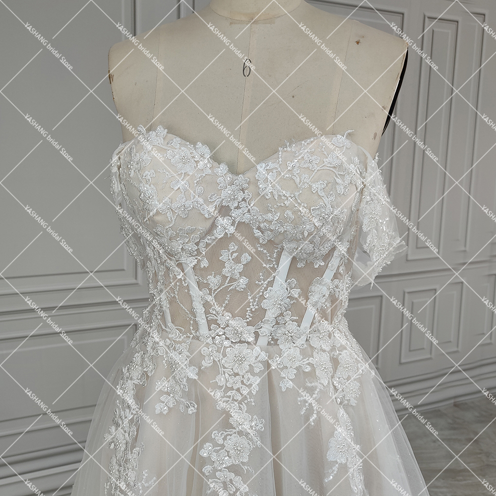 Luxe shimmer tule fora do ombro vestido de casamento com flores 3d bordadas querida inchado rendas até vestidos de noiva personalizados
