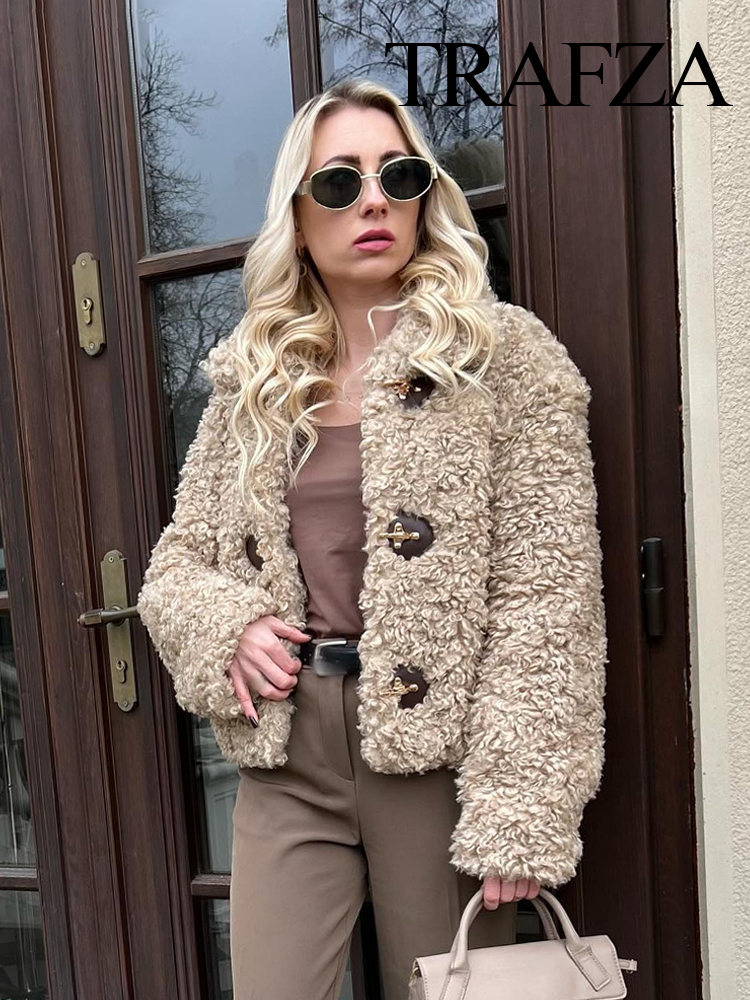 TRAFZA Winter Mode Frau Mäntel Solide Drehen-unten Kragen Langarm Einreiher Weibliche Streetwear Stil Dicke Jacken