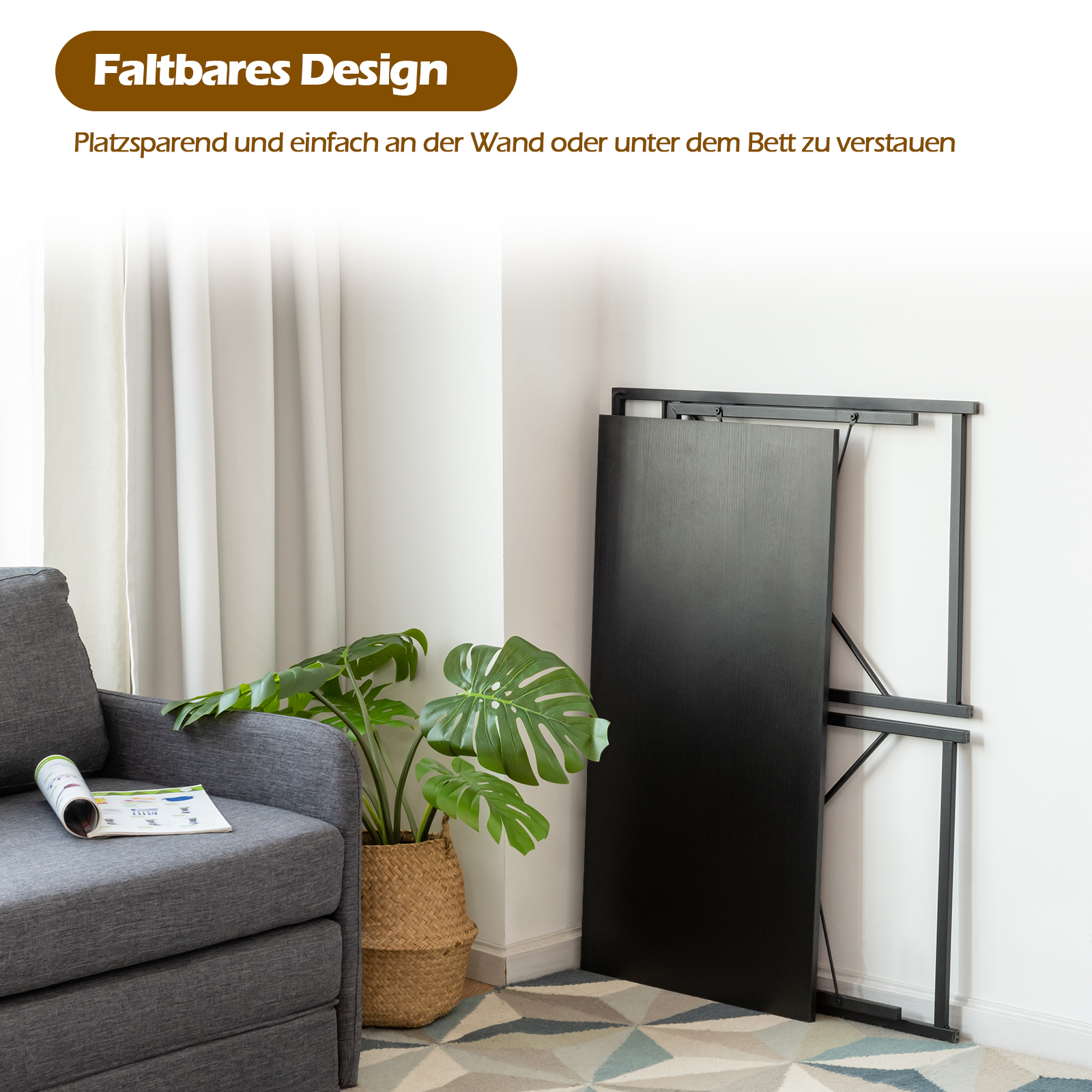 klappbarer Schreibtisch, 100 x 50cm Klapptisch mit 6 Haken & Metallrahmen, platzsparender Computertisch Laptop-Tisch