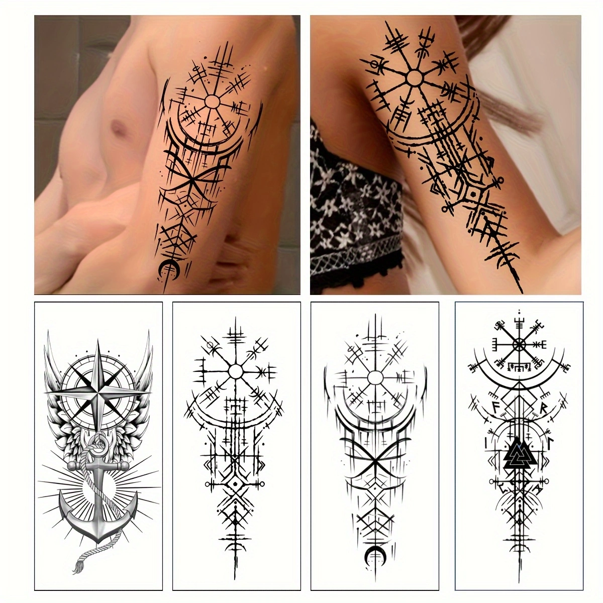 4 Uds. Tatuaje Retro de la tribu vikinga con manga grande para brazo, resistente al agua, hiprealista para mujeres y hombres, pegatina vikinga temporal, tatuaje falso para el cuerpo