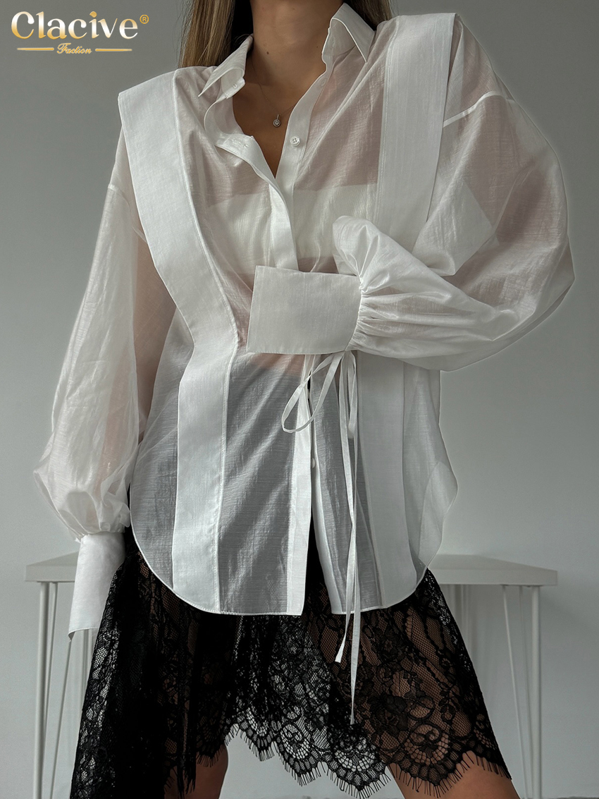 Clacive, camisas holgadas de algodón rosa a la moda para mujer, blusa informal de manga larga con solapa, Top clásico elegante con cordones, ropa femenina 2024