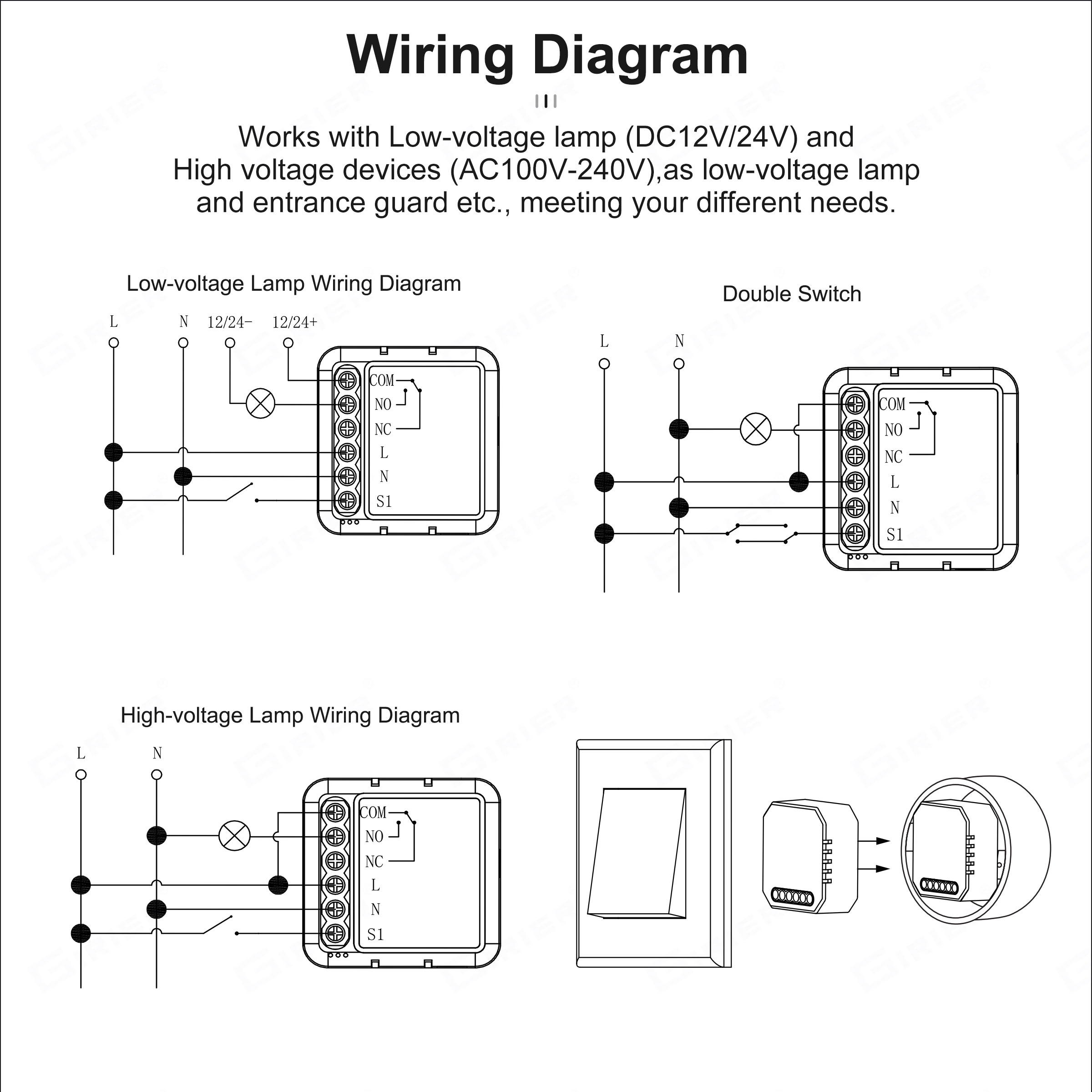 Girier módulo de interruptor wi-fi, contato seco 5a, casa inteligente, relé disjuntor diy, dc 12/24v ac 100-240v, suporta alexa, google home assistant