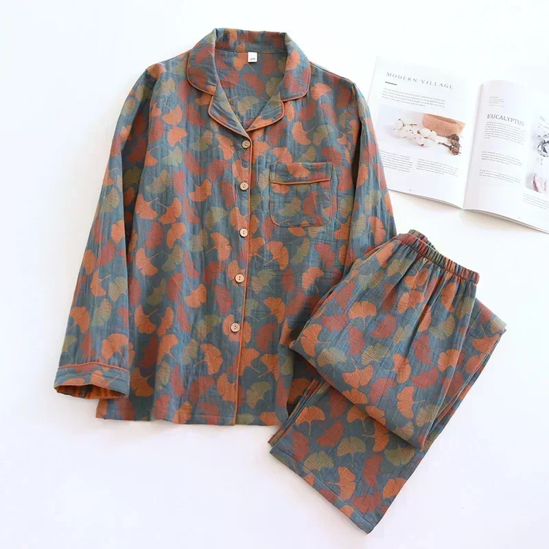 女性用長袖パジャマ,綿100%,クレープ,花,葉,家庭服,パンツ,春夏,新品,2022, 2個