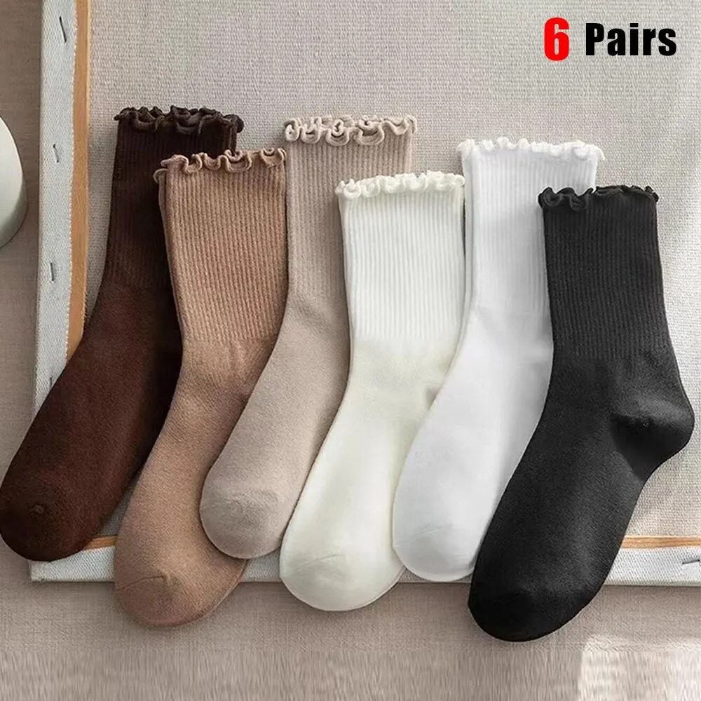 Calcetines de longitud media con volantes para mujer, conjunto de Color sólido transpirable, cómodo y absorbente de sudor, primavera y otoño, lote de 6 pares