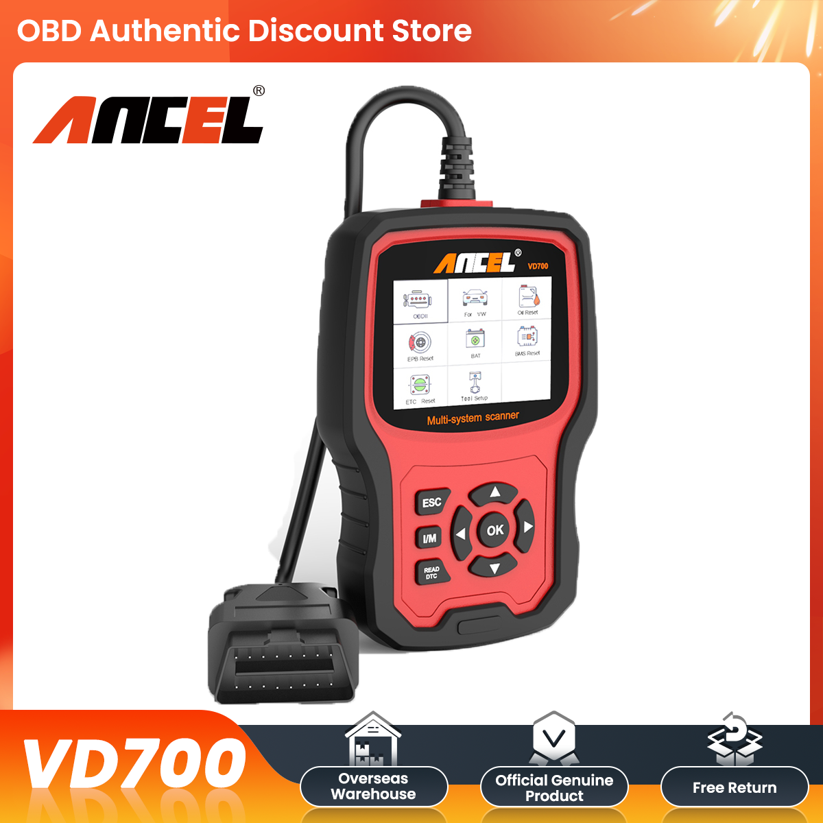 Ancel vd700 obd2 scanner leitor de código de carro sistema completo ferramentas de verificação de diagnóstico epb abs dpf tpms redefinição de óleo para vw audi skoda assento