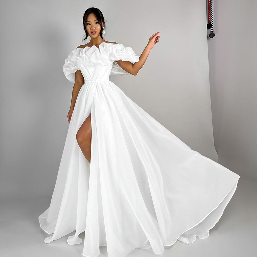 A-Linie hoch geschlitzte Brautkleider von der Schulter rücken freie Schnürung Illusion Temperament Brautkleid Pleat свадебное платье