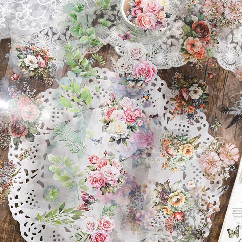 200 ซม./ม้วนสัตว์เลี้ยง Retro ดอกไม้เทปหมึกสีขาวตัดฟิล์มที่มีสีสัน Bouquet Series รูปพิเศษคู่มือภูมิทัศน์วัสดุสติกเกอร์