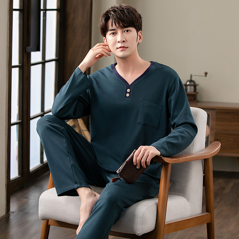 Ensemble pyjama en coton à col en v pour hommes, hauts à manches longues + pantalons longs, vêtements de nuit pour la maison, vêtements de nuit simples à la mode pour hommes, automne
