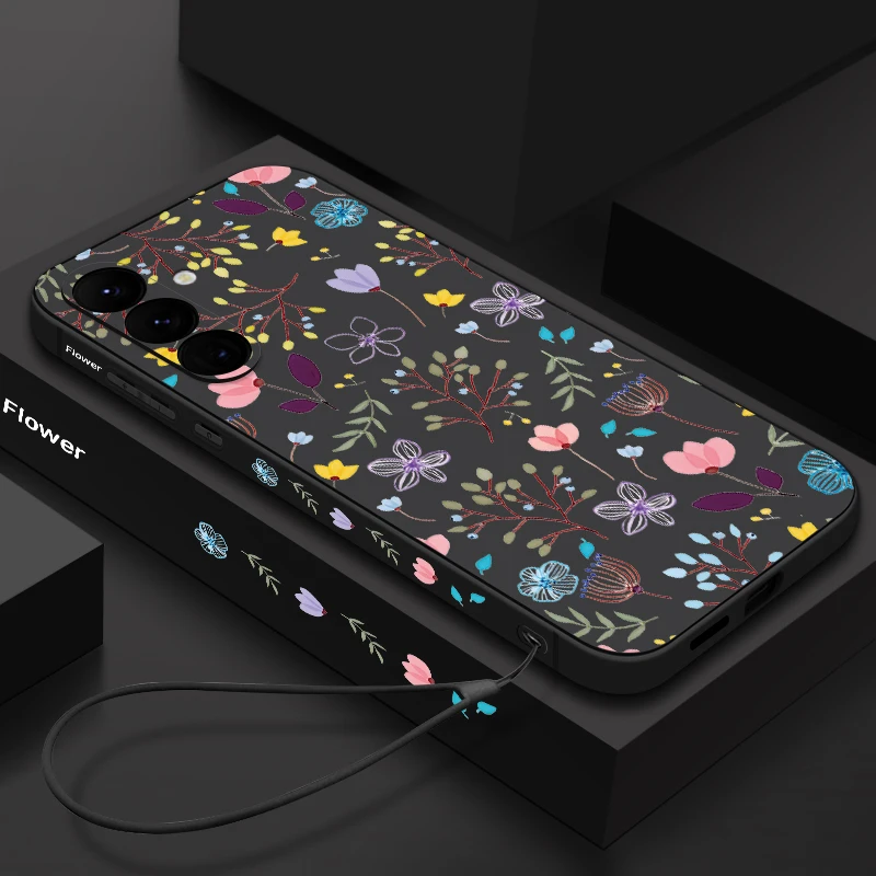 Funda de lujo con cordón y estampado de flores para Samsung Galaxy, cubierta de silicona Ultra, A55, A54, 5G, A35, A25, A15, A14, A34, A52, S21 FE, S22, S23, S24