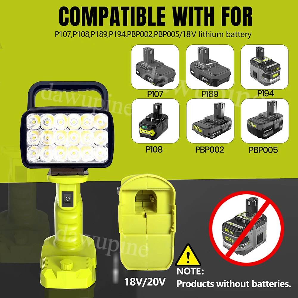 Portable Lanterns 18 LED Work Lights Camping Lamp Torch Searchlight Flashlight Spotlight for Ryobi 18V Lithium Battery P107 P108