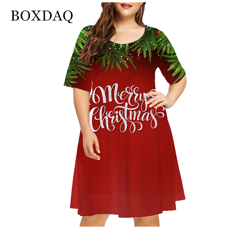 6XL Plus Größe Frauen Kleidung Rot Weihnachten Elch Mode Lustige Nette Kurzarm Print Kleid X-Mas Schneemann Schneeflocke lose Kleider