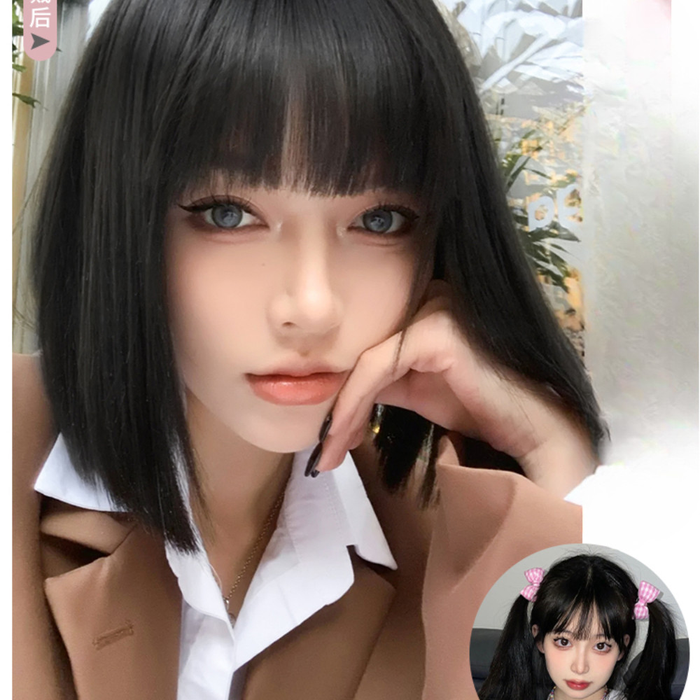 Peluca sintética de cabeza Bobo de longitud corta para mujer, flequillo fresco a la moda, cubierta completa para la cabeza, pelo Artificial negro