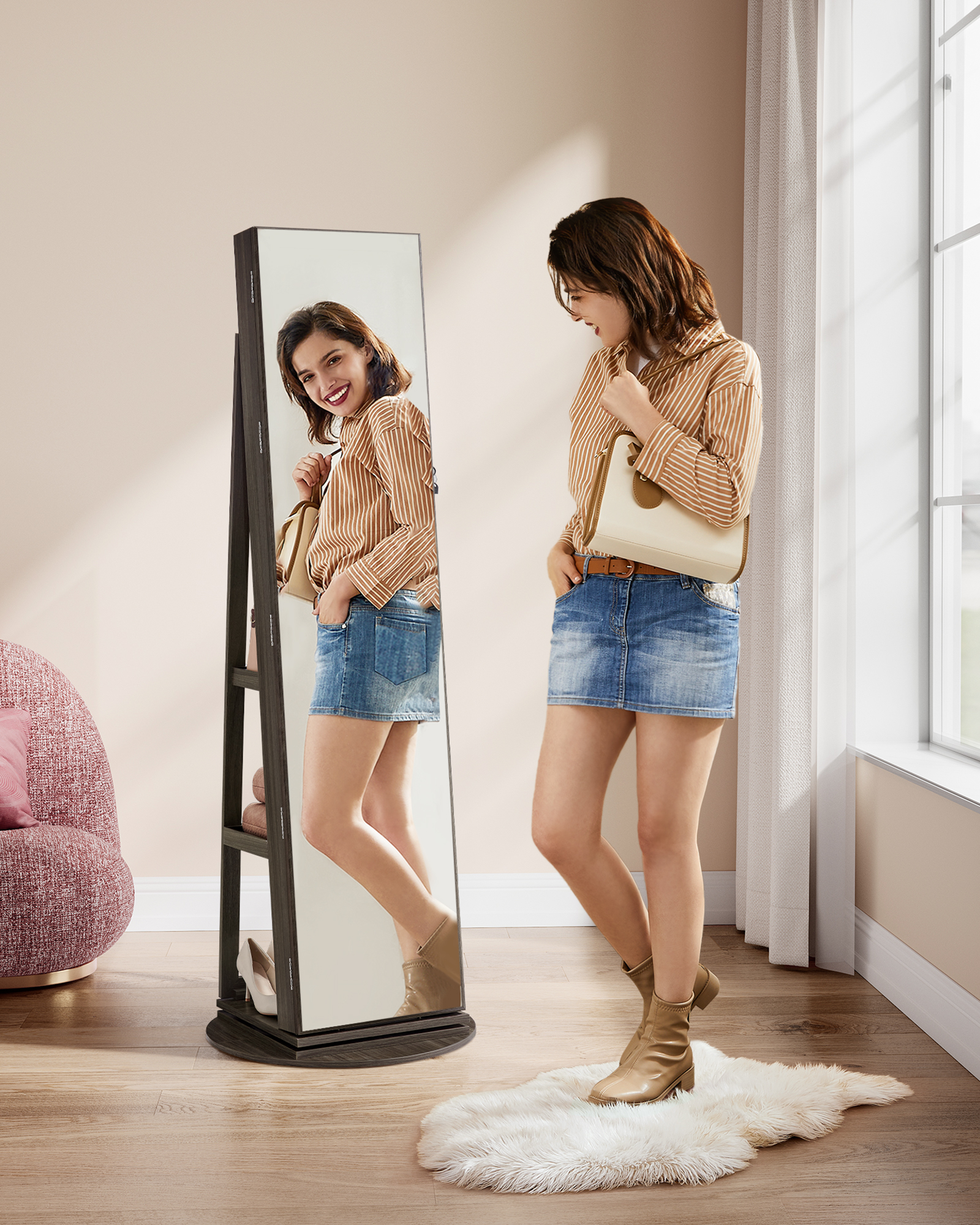 SONGMICS Schmuckschrank, Spiegelschrank, mit rahmenlosem Ganzkörperspiegel, 3 Ablagen, 360° drehbar, abschließbar