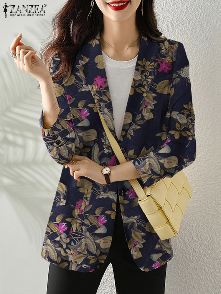 ZANZEA-Chaqueta de otoño con estampado Retro para mujer, abrigos informales de manga larga con flores, chaquetas con solapa de un solo botón de gran tamaño