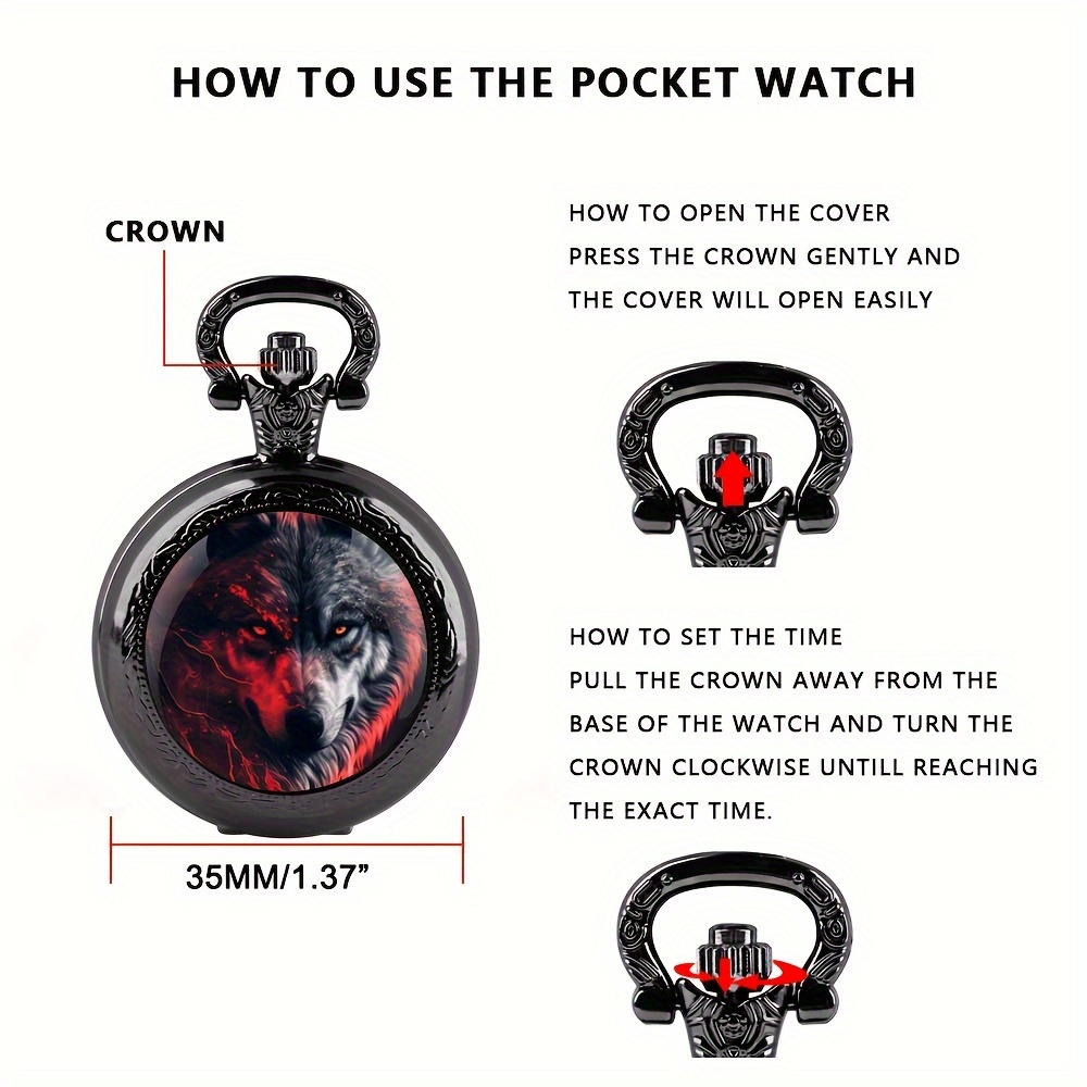 Unique Wolf Animal Pattern Quartz Pocket Watch with Black Necklace Pendant World-Time Feature, Analog Display For Women Men Kids