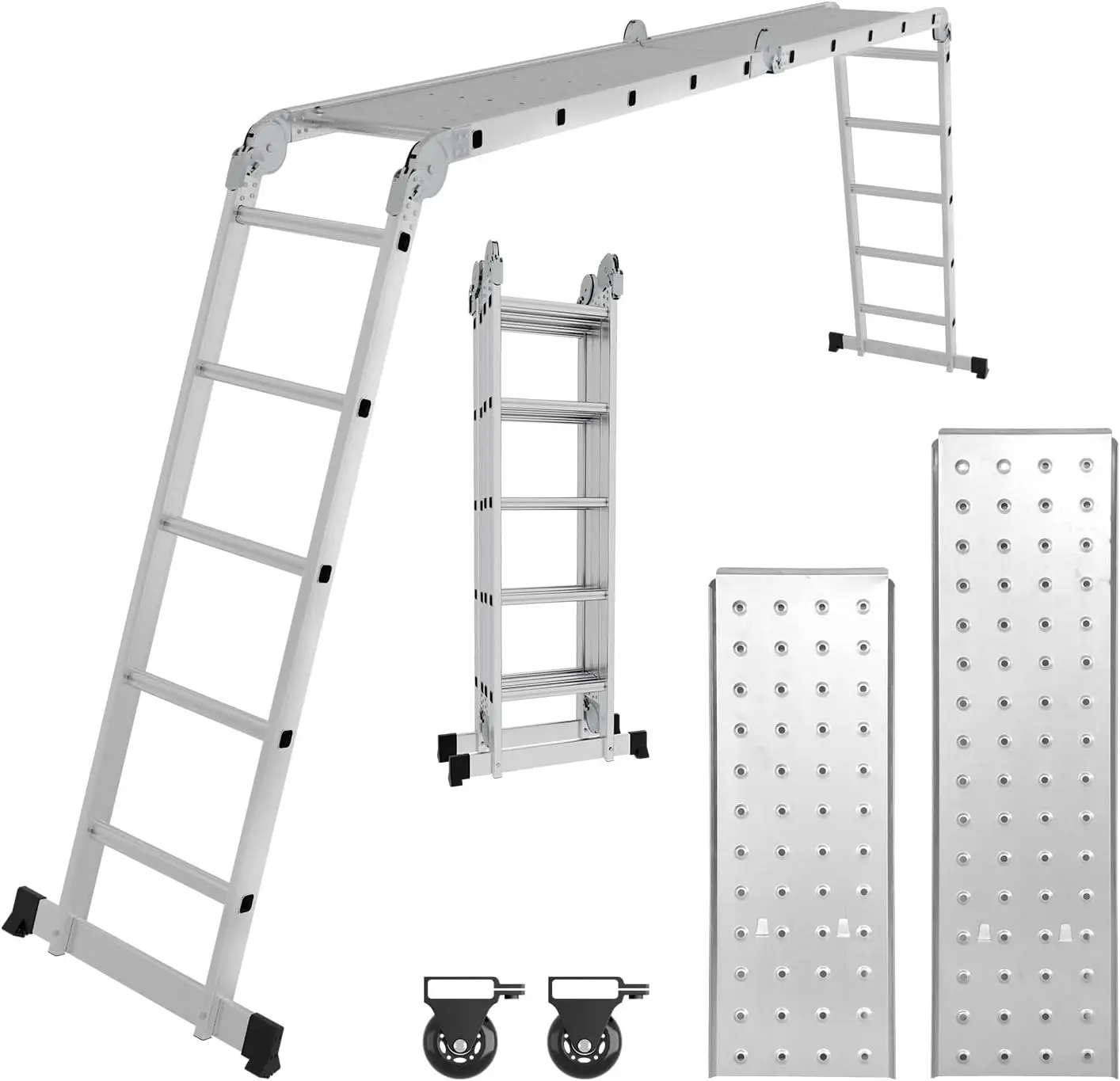 Escalera Multiusos de 5,8 m, 4 x 5 m, 7 en 1, Escalera multifunción de Aluminio, 2 Placas de andamio y 2 Ruedas, 16 peldaños, ha