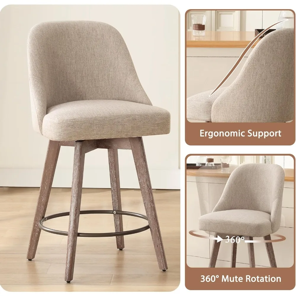 Counter Height Swivel Bar Stools Set of 3, Upholstered Fabric Barstools with Back and Thick Seat, Solid Wood Legs, 26" Modern