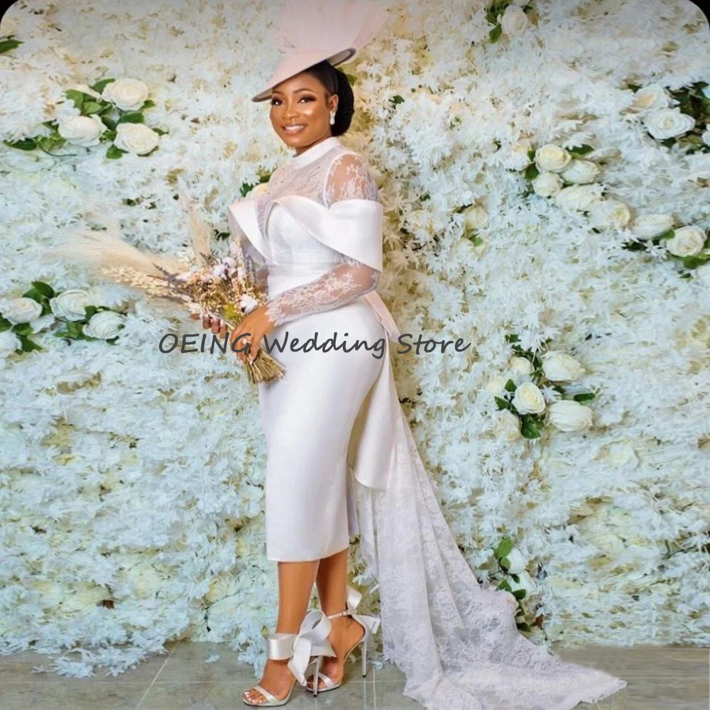 โมเดิร์นชุดแต่งงานลูกไม้ Sheath สูงคอยาวแขนยาวชุดแต่งงานสั้น Backless Lace Up ชาความยาว Elegant แต่งงานชุด
