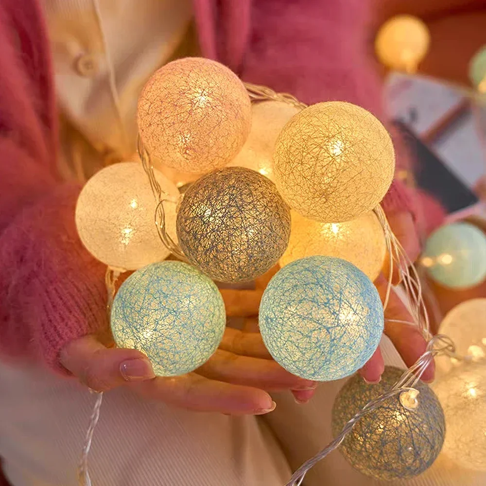 Stringhe di illuminazione a sfera in rattan di cotone a LED Ghirlanda di fata Luci a corda Festa di nozze Natale Decorazione da giardino per esterni Lampadina