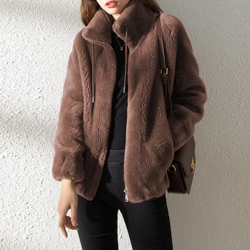 Abrigo cálido de lana Coral doble para mujer, abrigo grueso de felpa con cuello levantado, ropa informal de manga larga con cremallera a la moda para mujer