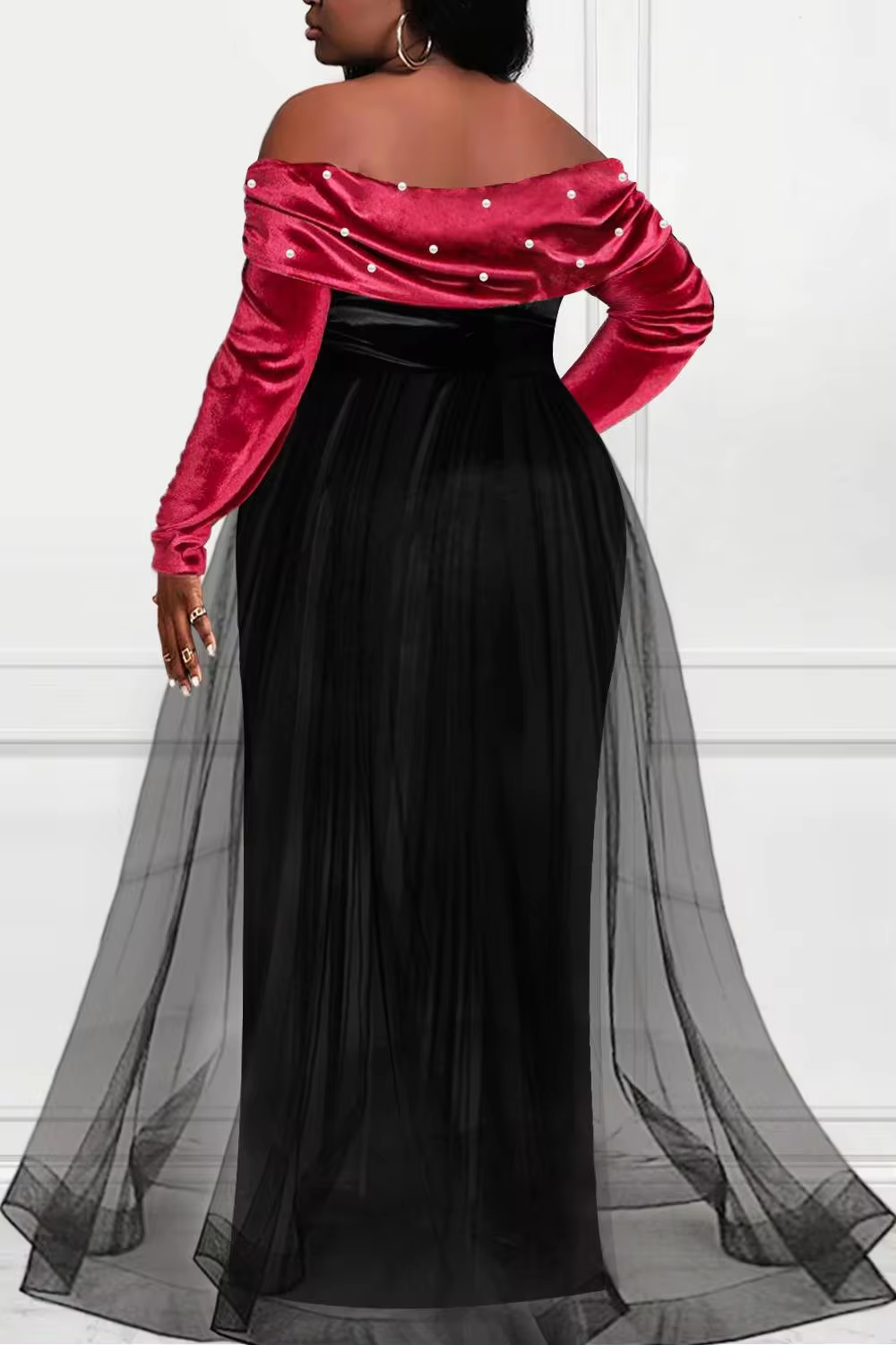 Vestido formal feminino plus size, ombro de fora, saia sobreposta com adornos de pérola, vestido maxi dividido de veludo, vestido de festa à noite