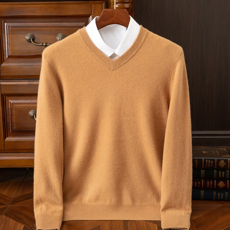 2025 Herren 100 % Merinowolle Kaschmir V-Ausschnitt Pullover Pullover Smart Casual Basic Langarm Strickwaren Kleidung Tops Herbst Winter
