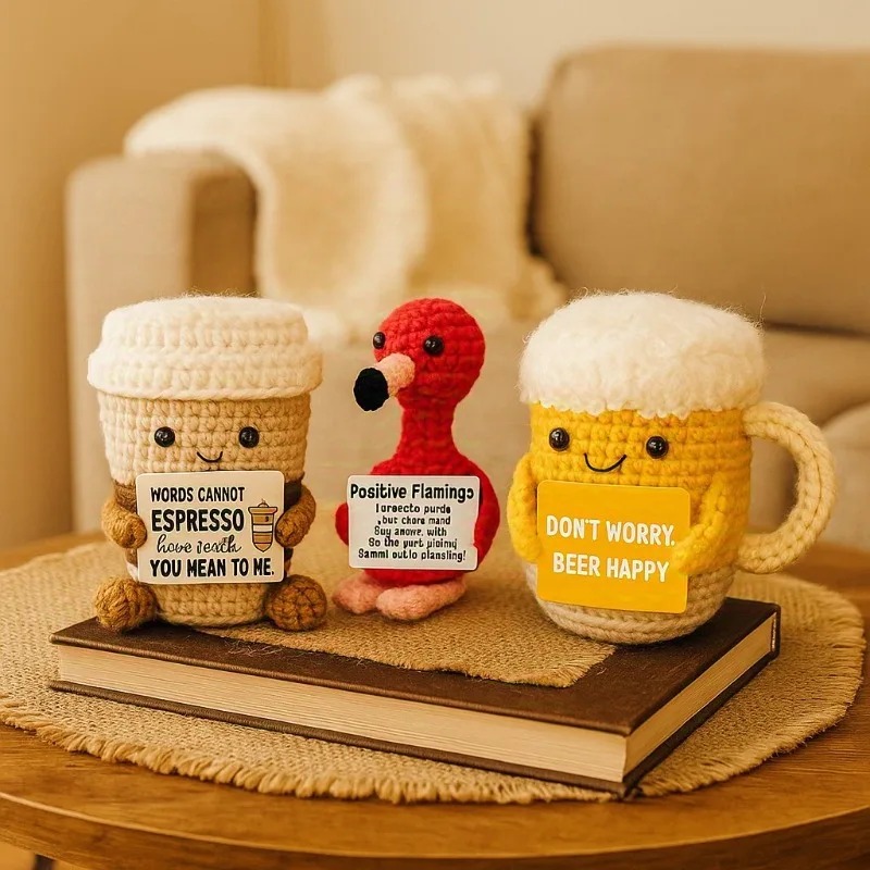 Funny Handmade Crochet Coffee Mug Figure With Card Cute Desktop Ornament Knitted Holiday Gifts Home Office Decor