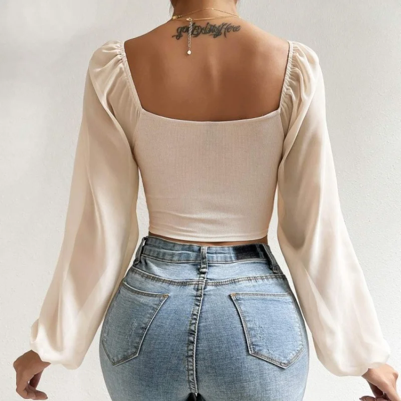 Frauen Frühling Herbst Lange Puff Sleeve Tops Tees Lose Chiffon Stricken Tiefem V-ausschnitt T-shirts Fashion Solid Casual Raffen T shirts