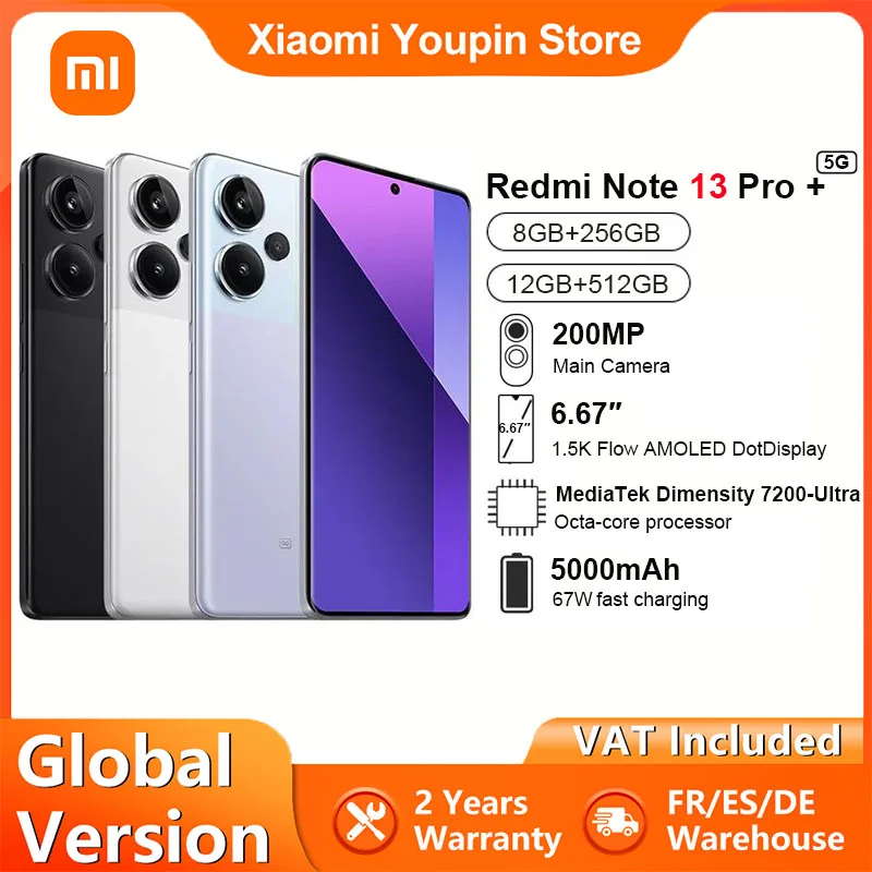 Xiaomi-Redmi Note 13 Pro Plus 5G Global Version, 256 Go, 512 Go, MediaTek Dimrespond7200-Ultra 6.67, Incurvé 3D, Affichage 1.5K 120Hz, 1