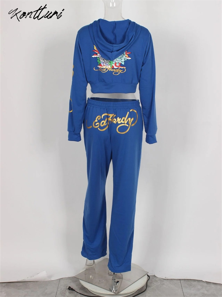 Kontturi Y2k ropa mujer 2024 negro estampado Sudadera con capucha pantalón de chándal Otoño Invierno azul ceñido 2 trajes de dos piezas pantalones conjuntos a juego