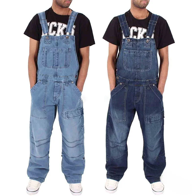 Monos para hombre, tirantes de mezclilla, pantalones vaqueros holgados sencillos con múltiples bolsillos, monos holgados lavados de cintura media lisos de gran tamaño, informales 2024