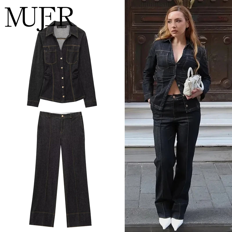 MUJER 2025 Denim frauen Hosen Sets Button up Hemd Zwei Stück Outfits Frau Hohe Taille frauen Hosen Anzüge frühling Dame Sets