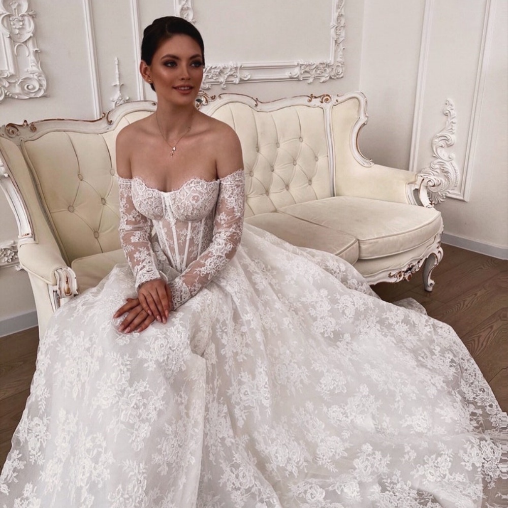 Cathy White Flowers Embroidery Lace Wedding Dresses Long Sleeves Strapless vestidos de noche Side Slit Customized Formal Evening