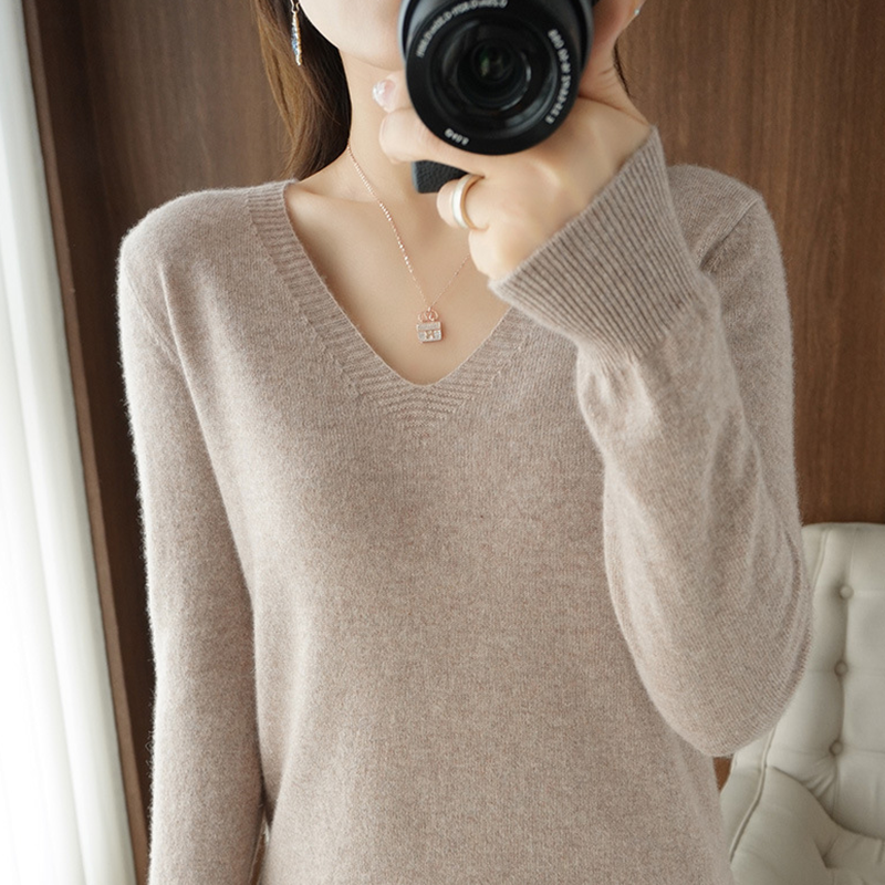Warmer Damenpullover mit V-Ausschnitt, Strickpullover, koreanische Mode, langärmelig, lockeres, dünnes Innenoberteil, Herbst und Winter, neu
