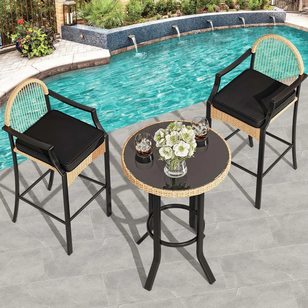 3-Piece Outdoor Wicker Bar Height Set with Cushioned Barstools, Patio Bistro Furniture for Balcony and Poolside