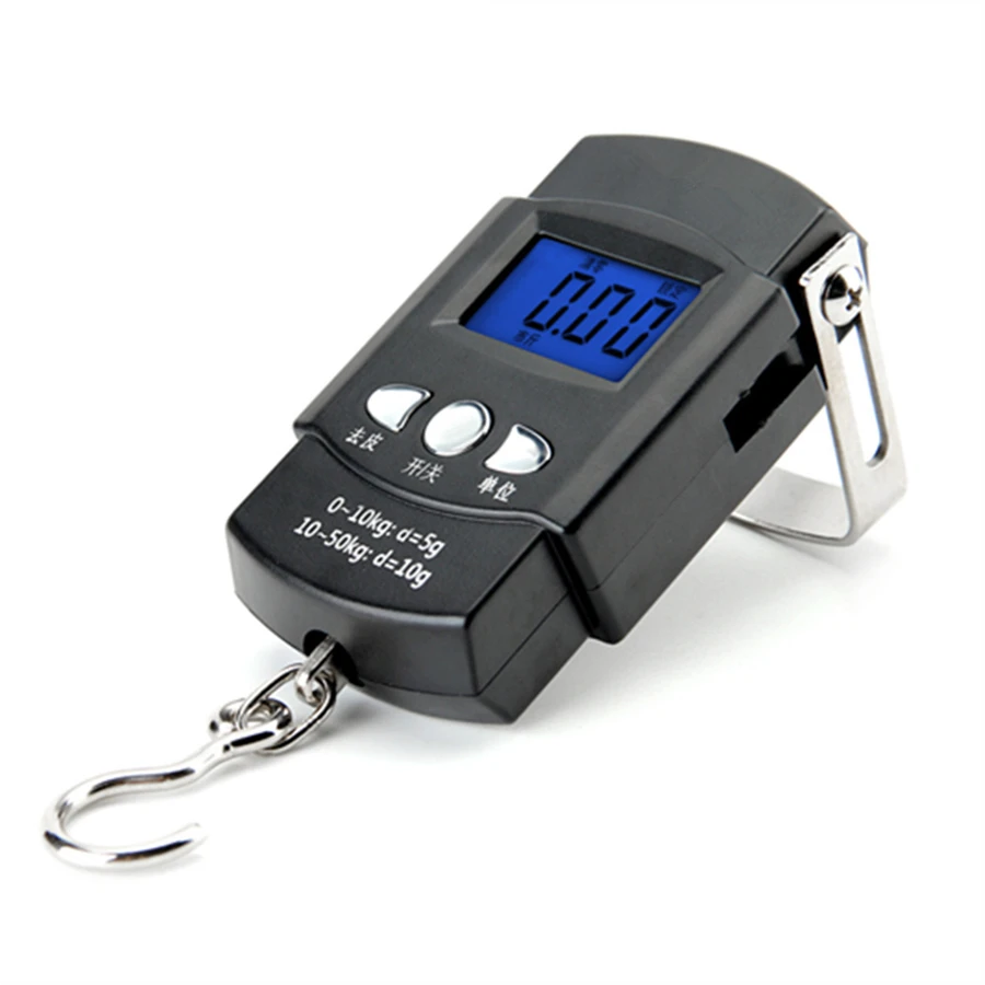 Balança eletrônica com luz de fundo azul, 110lb/50kg, display lcd com regra de medição, fita digital, ferramenta de balança de gancho para pendurar na pesca